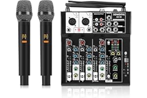 SOWOITIG Karaoke Mischpult mit 2 kabellosen Mikrofonen, 4-Kanal Audio Mixer DJ Konsole Musik Soundboard Drahtlosem Mikrofon Mischpulte mit Bluetooth, USB-Port, 48V Phantomspeisung für Studio Aufnahme