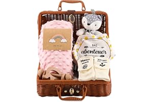 Baby Geschenk Mädchen, Neugeborenen Geschenk,Rodelna Baby Geschenkset, Baby geschenkkorb 7 in 1 Set - mit Decke, Schmusebeißtuch, Holzrassel mit Elefantenanhänger, Lätzchen, Socken, Souvenir-Box