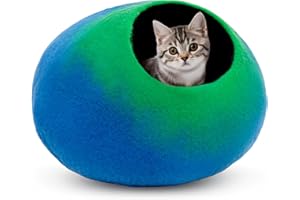Woolygon Woolygon Katzenhöhle, mittelgroß, handgefertigt aus 100% Merinowolle, umweltfreundliche Katzenhöhle aus Filz für Hauskatzen und Kätzchen, Smaragd auf Indigo