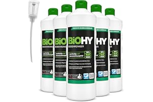 BiOHY Detersivo per pavimenti (6 bottiglie da 1l) + Distributore | Concentrato per tutte le apparecchiature di pulizia e tutti i pavimenti duri | Pulizia senza striature (Bodenreiniger)