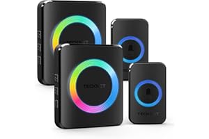 TECKNET Funkklingel, Kabellose Türklingel 400m Reichweite, IP65 Funk klingel Set Aussen Wasserdicht Haustür Klingel, 2 Sender 2 Empfänger, 60 Melodien Doorbell und Klingelknopf Mit RGB-Blitz
