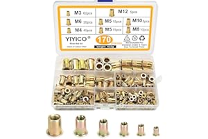 YIYICO Nitonakrętki nitonakrętowe M3, M4, M5, M6, M8, M10, M12, zestaw 170 sztuk, ze stali węglowej, nitownica, płaska, gwint