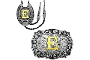 Yjfeshion 2 Pieces Western Cowboy Belt Buckle Bolo Tie Set Golden Initial Letter ABCJ to Z Rodeo Belt Buckles for Women Men