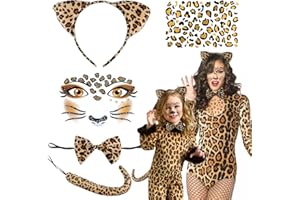 VICTERR Disfraz Leopardo Adulto&Niño, 5 Piezas Leopardo Disfraz Set,Leopardo de Diadema Pajarita Cola de Leopardo Disfraz Cara Pegatinas Piedras Preciosas para Carnaval Halloween Fiesta de Animales Cosplay