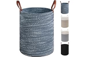 TOTANKI Panier de rangement pour linge X-Large - 15.7 Pouces(D) x 19.7 Pouces(H) -Panier tissé en corde de coton pliable avec poignées en cuir pour ranger les vêtements, les couches, les jouets(Bleu)