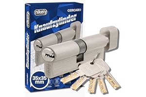 GERCAR Cylindre de serrure à bouton Pro 70 mm 35/35 massif avec bouton - Serrure de porte - En laiton nickelé mat - Avec 5 clés - Clé réversible - A : 35 B : 35 - Lot de 1