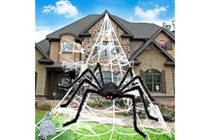 BOSONER Halloween Decorations, 1Pcs 50'' Giant Spider + 200” Triangular Spider Web, with Hook, Stretch Web and Ground Stakes for Indoor Outdoor Halloween Decor Haunted House Props