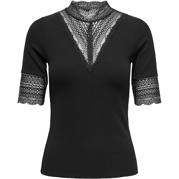 LADIES FLOCK LACE TURTLENECK TEE - T-shirt imprimé - black