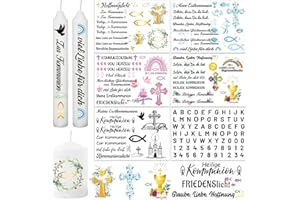 HOWAF 6 Blätter Kerzen Tattoo Kommunion Deko, Kerzentattoos Kommunion Geschenk Fische Tattoofolie für Kerzen Aufkleber Wasserschiebefolie mit Spruch, für Erstkommunion Taufe Konfirmation Deko