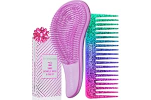 Juego De Cepillo Pelo Antitirones y Peine Desenredante, purpurina rosa/morado, Lily England