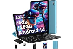 DMOAO Tablet 10 Inch Android 14 with 5G WiFi 6, 18GB RAM + 128GB ROM (TF 1TB), Widevine L1, Octa-Core, BT 5.0, Face ID, FHD 1280 * 800 IPS, 6000mAh, 2 in 1 Tablet with Keyboard + Mouse, Blue