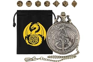 DND DADO Mini DND Dice Set with Flying Dragon Holds Long Sword Pocket Watch Shell Case, 7pcs Polyhedral Metal Dice Set, D&D Starter Set, DND Gifts with Gift Bag, Role Playing Board Games Accessories, Bronze