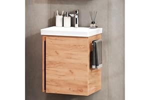 ‎PLANETMÖBEL Planetmöbel Waschtisch mit Unterschrank 50 cm inkl. Waschtischarmatur Chrom, Badmöbel Set mit Waschbecken, hängend, Gold Eiche