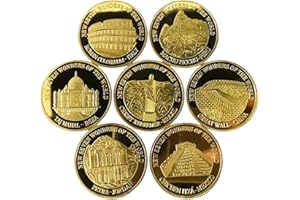 GÉNÉRIQUE Lot de 7 pièces de Collection commémoratives représentant Les 7 Nouvelles Merveilles du Monde, avec 7 étuis de Protection individuels, et 7 Supports de présentation.