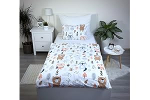 ‎THEONOI Theonoi Children's Bed Linen Toddler Bed Linen Baby Bed Complete Set Duvet Cover 100 x 135 cm and Pillowcase 40 x 60 cm Cotton Oeko-Tex Standard for Boys and Girls (Forest Animals)