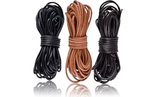 SOSMAR 3 Rolls 5M X 2MM Cowhide Round Leather Cords Rope String for Bracelet Necklace Jewelry Making Lanyards DIY Crafts, Black, Dark Brown, Natural Brown Top Grain Leather Cord
