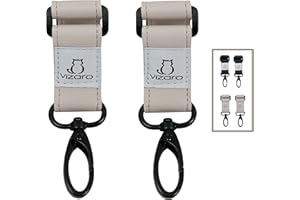 Ganchos Carrito Bebé de Lujo de marca Vizaro - 2 uds - Para Colgar Bolsas, Mochilas, etc - Correa Ecopiel Blanca Abalone Alta Resistencia Hasta 15kg Peso y giro 360º - Argolla Cerrada Elegante