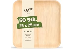 Leef 50x Palmblatt Teller eckig - Einweggeschirr kompostierbar und naturbelassen - 25 x 25 cm - umweltfreundlich - Geschirr Partygeschirr Einwegteller