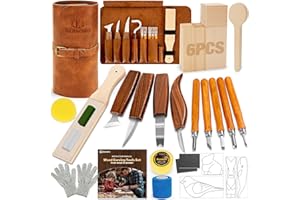 KERNOWO Woodworking PU Case Set, Wood Carving Kit with Deluxe PU Leather Case, Basswood Blocks for DIY Beginners and and Enthusiasts Gift Idea (32PCS)