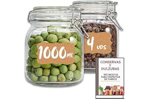 MUNDOTARROS 4 Tarros de Cristal Herméticos 1000 ml – Tarros herméticos de Almacenamiento para Alimentos, Conservación Fresca y Organizada - Incluye Etiquetas + Ebook de 102 Recetas (1 litro)