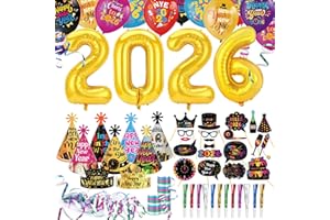 DPKOW 77pcs Coloré Décoration Cotillons du Nouvel An 2026, Chapeaux du Nouvel An Accessoires Photobooth 2026 Nouvel An Ballons Serpentins Sans Gênes pour Kit du Nouvel An 2026 Multicolores