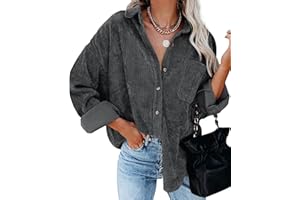 QIXING Womens Corduroy Oversized Shacket Button Down Boyfriend Shirts V Neck Cotton Long Sleeve Blouses with Pocket Casual Work Jacket for Women UK Ladies Tops Autumn Winter