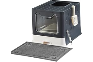 Suhaco Foldable Cat Litter Tray Top Entry Cat Litter Box with Lid, Covered Kitten Litter Tray Including Cat Litter Scoop Easy Clean with Litter Mat & 2-1 Cleaning Brush (Black)