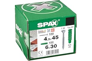 SPAX Dübel-Schrauben-Set Ø6 200 Teile, Spreiz-Dübel Typ SD 6x30, Universalschraube 4,5x45, WIROX A9J, T-STAR plus T20, zur Befestigung in Beton, Vollstein, Lochstein und Porenbeton - 5000001200015