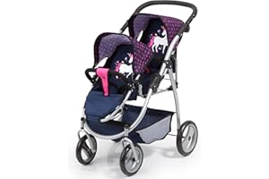 Bayer Design 26554Aa, Carrito Doble Para Muñecas, Cochecito Gemelar Juguet, Altura Regulable, Plegable, Diseño Único Rnio, Azul, Rosa, Color