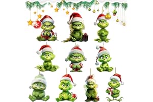 Ellxen 10 Stück Weihnachtsschmuck G-rinch,mit elastischer Kordel 2D Acryl Anhänger, G-rinchs Weihnachtsbaumschmuck,2023 fröhliche lustige Puppen Ornamente für Weihnachtsbaum Dekorationen(A)
