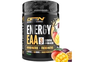 GEN GERMAN ELITE NUTRITION EAA Energy Mix - 500 g - Amino Matrix + Focus Matrix - Boissons énergétiques sans sucre - Avec caféine, taurine, guarana, N-acétyl-L-tyrosine - Pre Workout Booster - Vegan (Mango Passion Fruit)