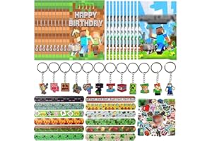 KEVRDRT Miner Gadget Compleanno Bambini , 94 Pcs Videogiochi Regalini Fine Festa Compleanno, Videogiochi Compleanno Regali Festa con Sacchetto Regalo Portachiavi Braccialetti Adesivi per Feste a Tema