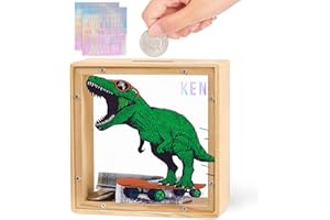 MHJY Salvadanaio Bambini, Salvadanaio in Legno A Forma Di Dinosauro per Bambine Con Adesivi Dell'alfabeto Fai Da Te