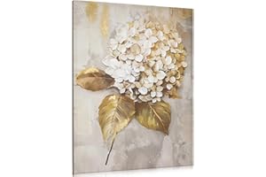 Hollyone Wall Art Flower Large Canvas Oil Painting Hand Painted Hydrangea Gold Floral Pictures Aesthetic Botanical Artwork for Living Room Bedroom Hotel Decoration, 39.4" x 29.5"