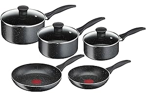 Tefal Set di pentole e padelle in pietra, antiaderenti, in alluminio, nero, 5 pezzi