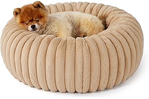 Bedsure Small Dog Bed Washable - 58.5x58.5x18 cm Fluffy Cat Donut Bed with Corduroy Fleece & Anti Slip Bottom, Large Cat Pet Bed with Removable Cover, Camel