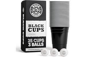 BEERBALLER® Copas Negras - 25 Copas Negras y 3 Pelotas | aptas para lavavajillas y Reutilizables | 473ml - 16oz Copas de Fiesta | Juego de Copas de Cerveza Pong | Original American Beerpong Cups