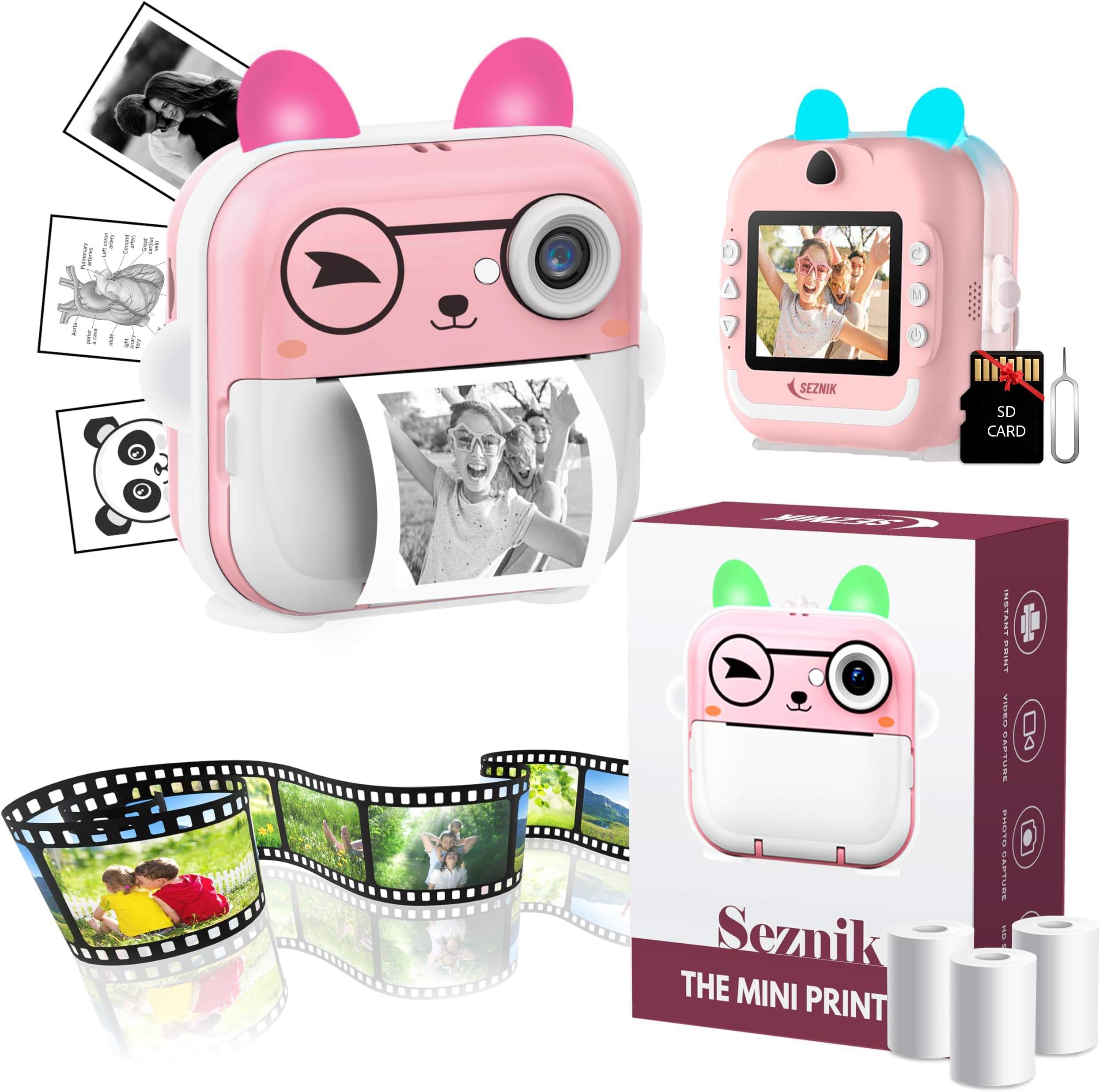 SEZNIK Mini Camera Printer, Click Photo Print, Inkless, Bluetooth HD Print, Android, iOS. Instant Print (Mini-B40-Pink)