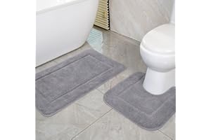 SOANNY Grey Bath Mat Set of 2, High Density Soft Microfiber Non-Slip Bathroom Mats with Water Absorbent, 53x86 cm Bathtub Rug & 50x50 cm Toilet Pedestal Carpet, Shower Rugs Machine Washable