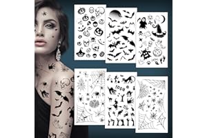 LLNRC Tatouage d'Halloween - Grande taille - Tatouage d'Halloween 3D réaliste - Motifs araignées, chauve-souris, toile d'araignée, tatouages temporaires - Étanche - Tatouages temporaires - Pour costume