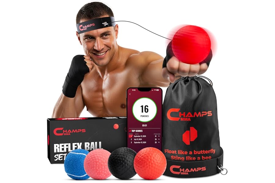 Boxing Reflex Ball Set of 4 with App– Boxing Ball MMA Gear of with Varying Weights with Headband and 4 Spare Strings to Improve Speed, Hand-Eye Coordination for Men And Kids Gift