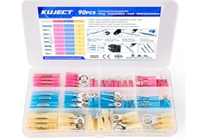 Kuject 90PCS Heat Shrink Wire Connectors, Multipurpose Waterproof Electrical Wire Terminals kit, Insulated Crimp Connectors Ring Fork Spade Butt Splices for Automotive Marine Boat Truck