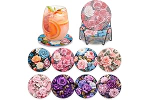 MOGTAA Peinture Diamant Dessous de Verre, 8PCS Kit Diamond Painting Roses, DIY Fleurs sous-Verres Art de Diamant avec Support, Kits de Peinture Diamant pour Adulte Enfants