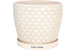 KOTARBAU® Maceta de cerámica esmaltada, Ø 15 cm, Tiesto Decorativo para Plantas, Macetero con Plato Redondo para Interiores, Minimalista, Crema, Beige, Macetas Elegantes, Estilo clásico, Maceteros