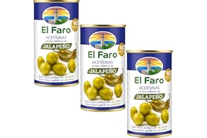 IBERICA FOOD El Faro 3 x350g tins (3 x 150 Grams Drained ) Spanish Green Pitted Manzanilla Olives Picante Filled with hot Jalapeño Pepper Snack