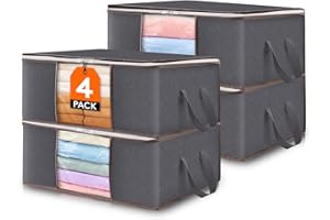 Lifewit Organizador de Ropa Plegable con Asa Reforzada, Bolsa de almacenamiento de Tejido Resistente y Ventana Transparente para Suéteres, Abrigos, Camisetas, Mantas, Paquete de 4, 35L, Gris