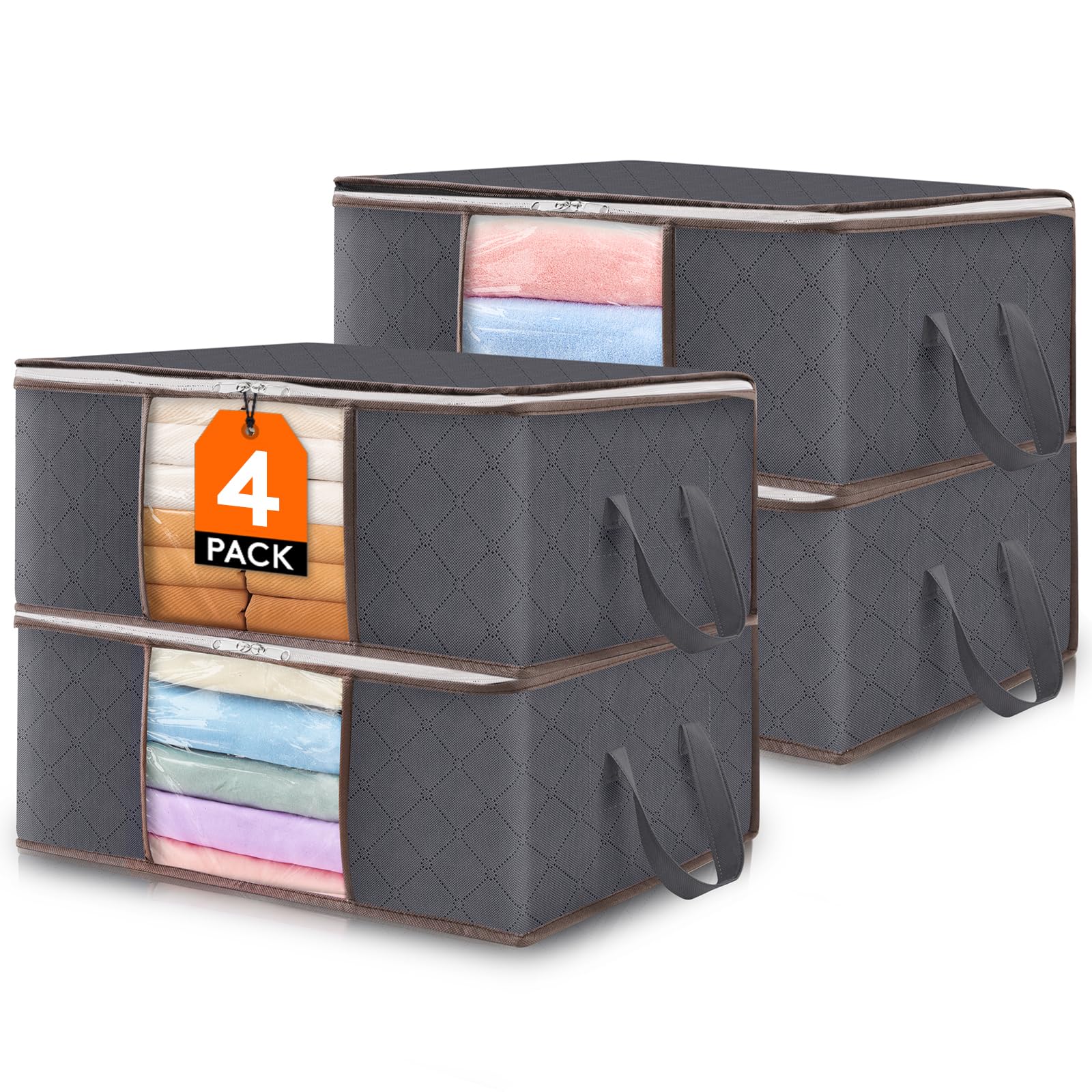 Lifewit Organizador de Ropa Plegable con Asa Reforzada, Bolsa de almacenamiento de Tejido Resistente y Ventana Transparente para Suéteres, Abrigos, Camisetas, Mantas, Paquete de 4, 35L, Gris - 1