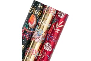 RUSPEPA Rollo De Papel De Regalo Navideño - Mini Rollo - 3 Rollos - 43,2 Cm X 3 M Por Rollo - Pájaro, Guirnalda Navideña, Acebo Y Piñas Diseño Navideño Con Brillo De Lámina Metálica