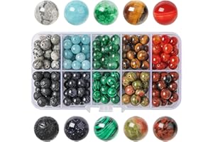 SOSMAR 200pcs Stone Beads, 8mm Crystal Round Beads for Jewelry Making, Lava Bead/Tiger Eye/Red Agate/Aquamarine/Jasper Craft Beads for Bracelet Necklace Making, 10 Colours DIY Smooth Stone