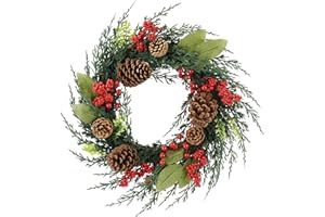 Zavothy - Ghirlanda natalizia per porta 50 cm, corona di Natale artificiale con pigne e palline di Natale, corona dell'Avvento, decorazione natalizia, decorazione per porta d'ingresso, verde scuro e